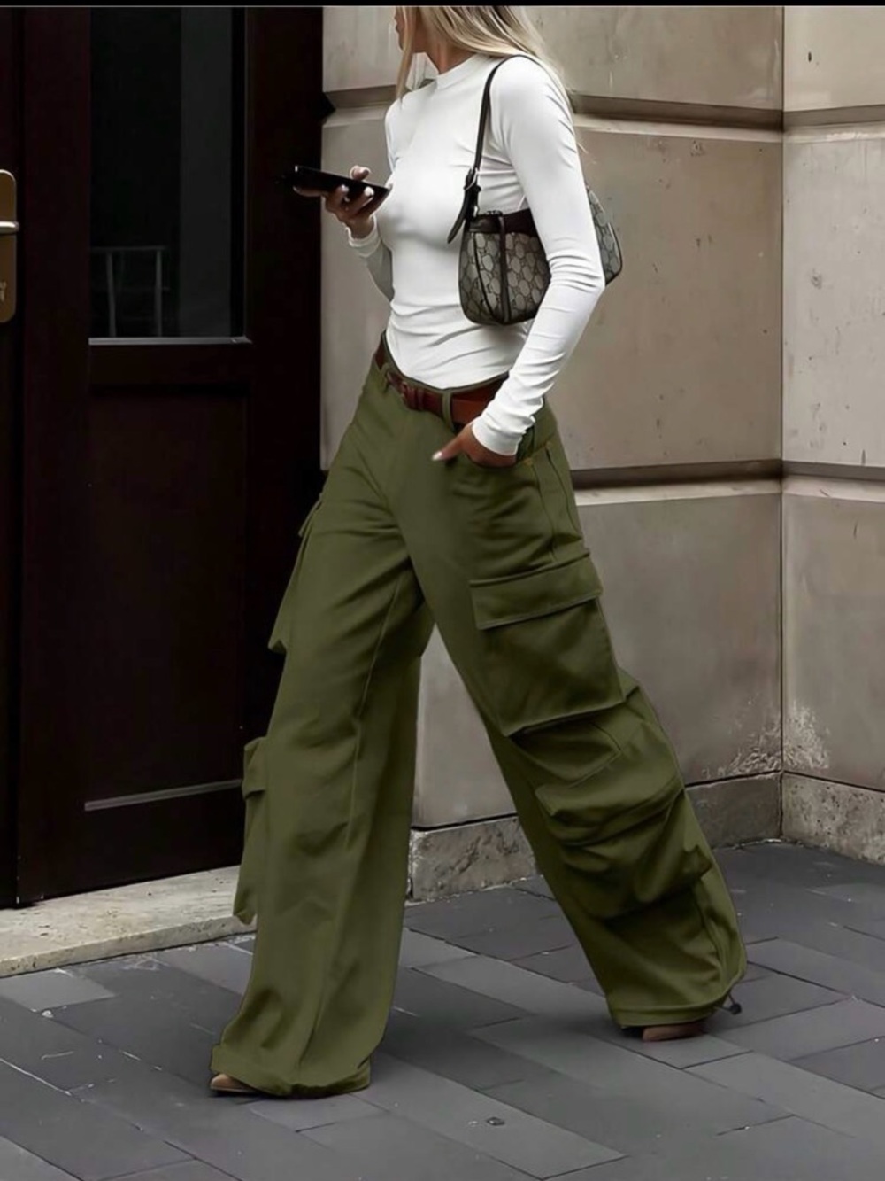 High-Rise Olive Wide-Leg Cargo Pants for Women